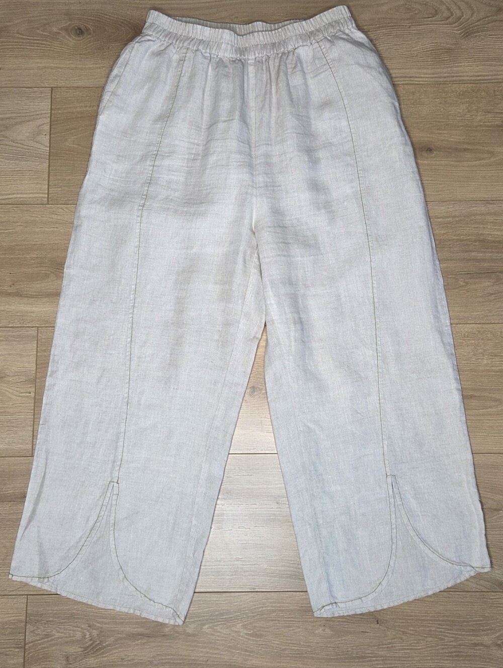 Buykud 100% Linen Wide Leg Crop Pants Elastic Waist Beige Balloon Tulip Hem M